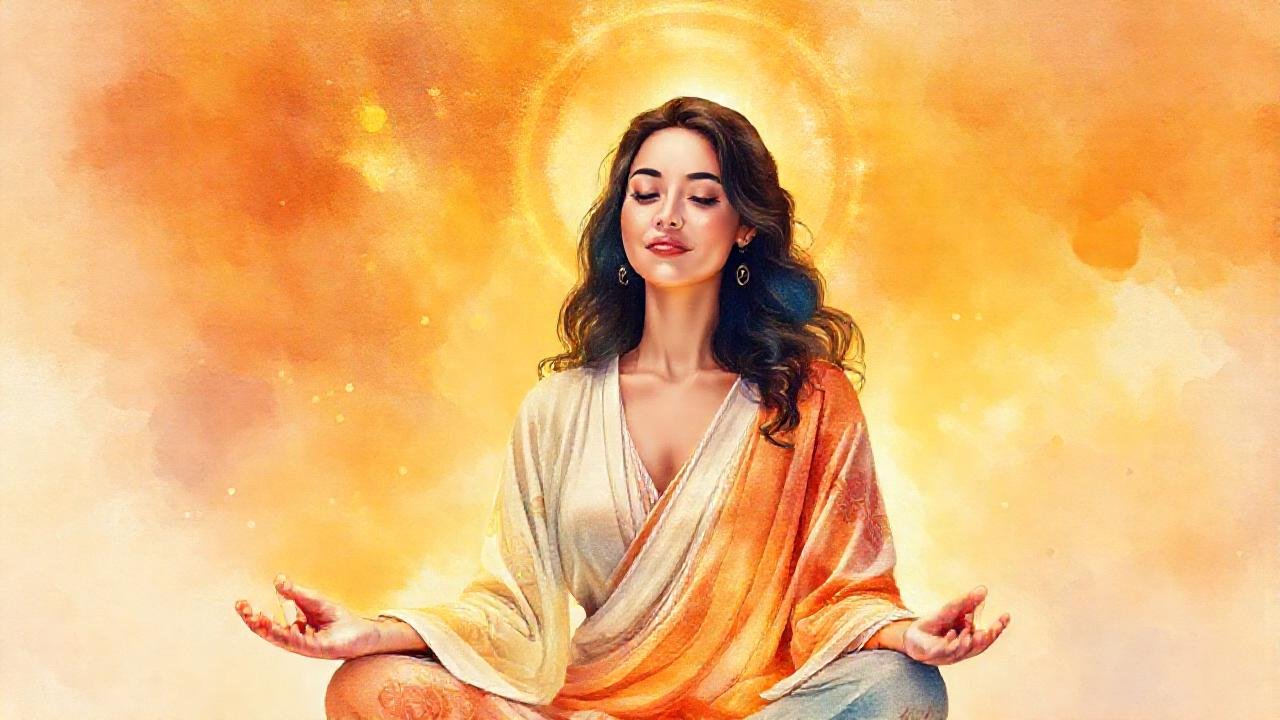 Mujer serena medita en luz dorada