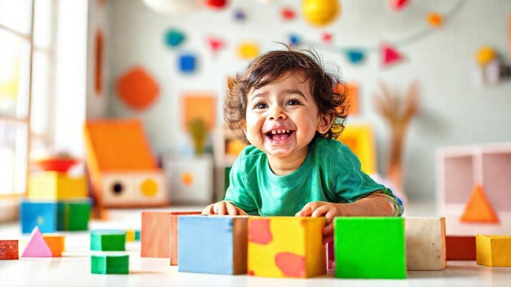 Un niño alegre construye bloques coloridos