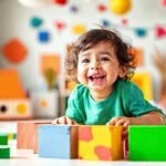 Un niño alegre construye bloques coloridos