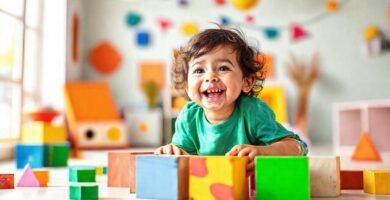 Un niño alegre construye bloques coloridos