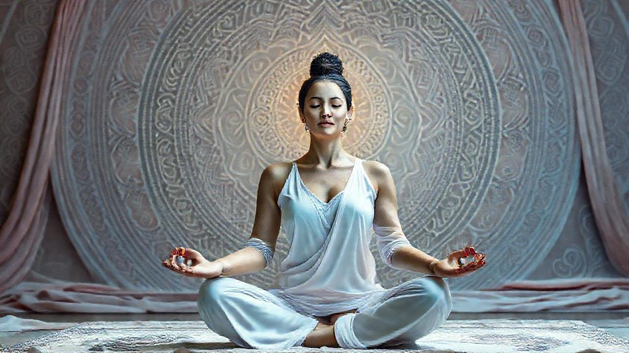 Mujer meditativa irradia paz y concentración