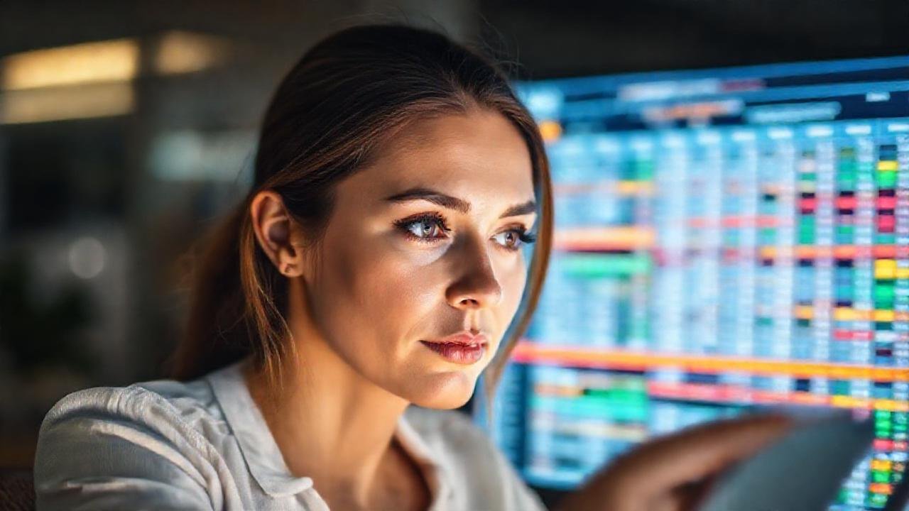 Mujer atenta, trabaja con calma digital