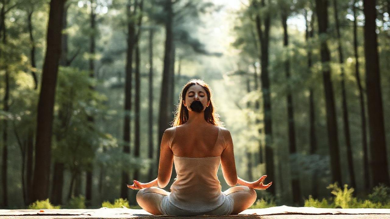 Mujer meditando en bosque sereno