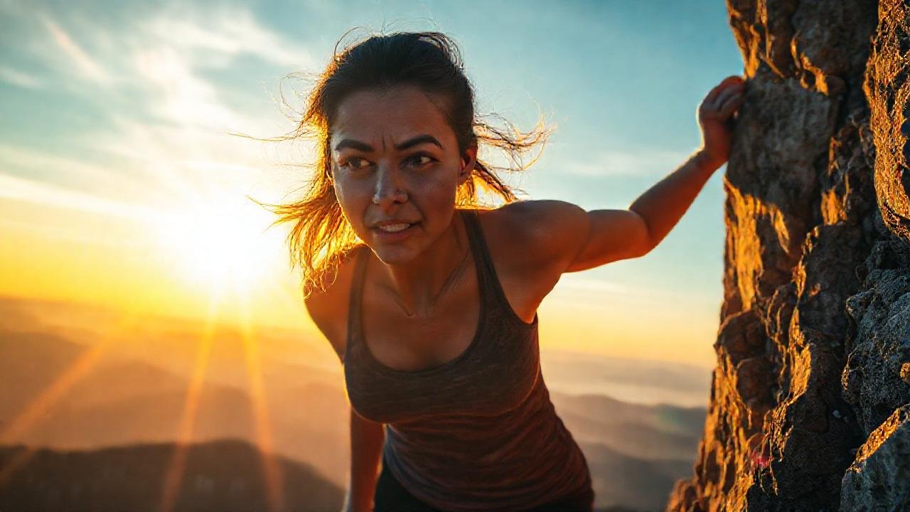 Mujer valiente escala la montaña dorada