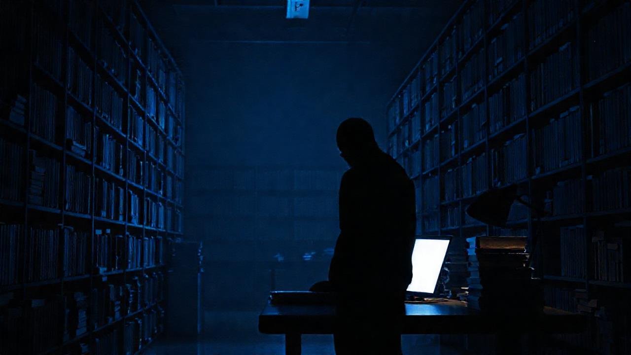 Concentración intensa en la biblioteca oscura