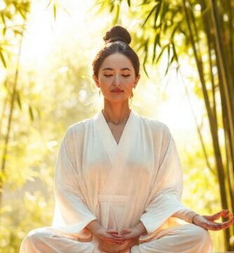 Mujer medita en jardín sereno