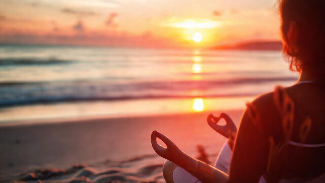 Atardecer sereno: mujer meditando en paz
