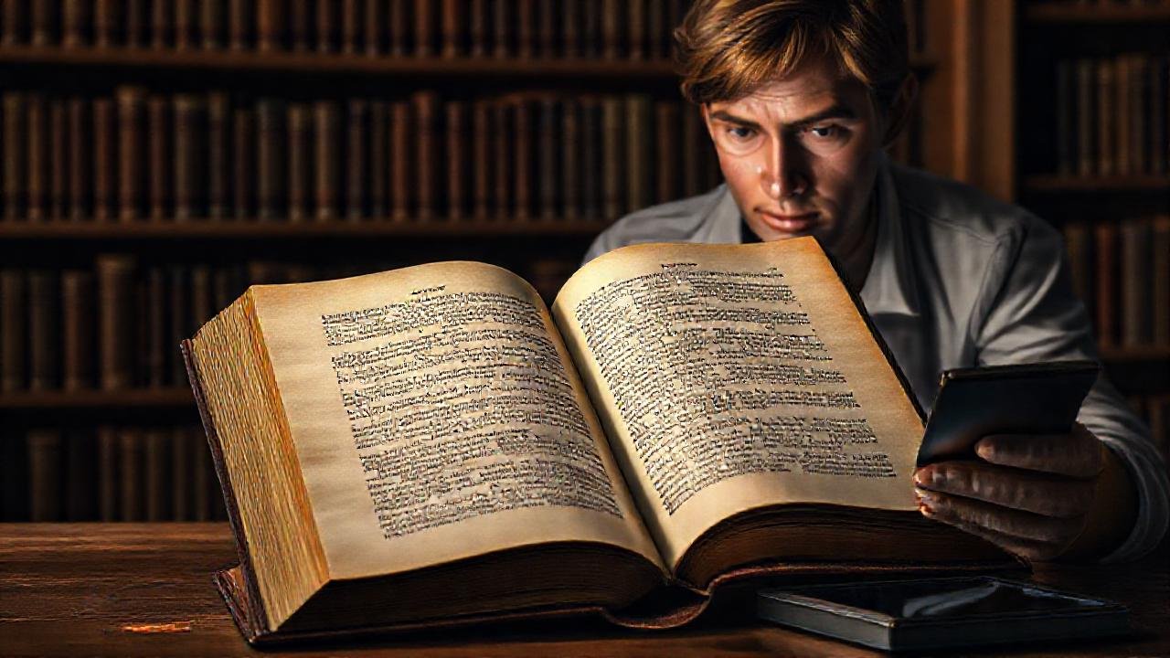Libro antiguo, texto brillante, luz cálida