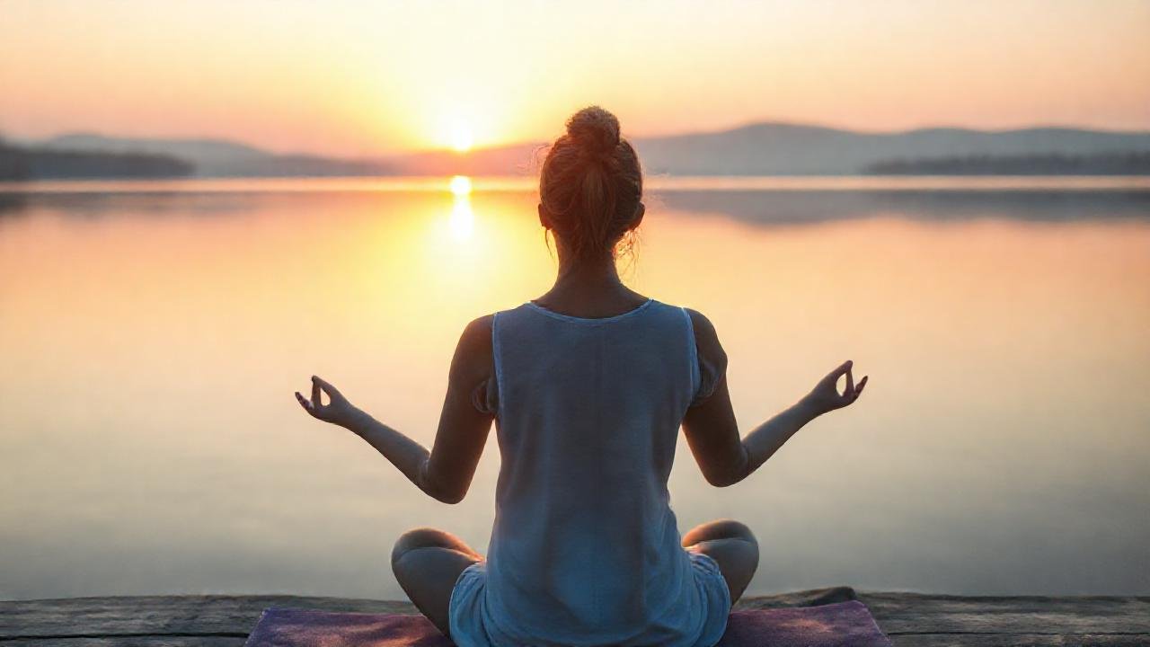 Mujer medita en calma al amanecer
