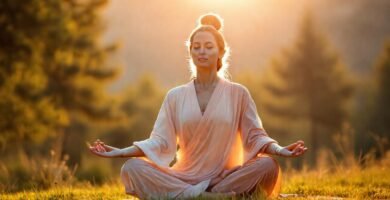 Mujer meditando irradia paz interior