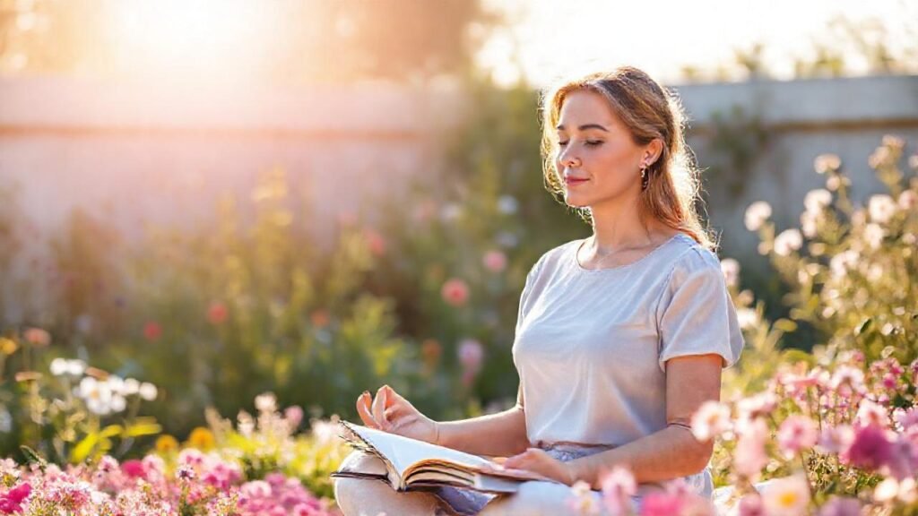 Mujer meditando en un jardín sereno