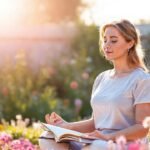 Mujer meditando en un jardín sereno