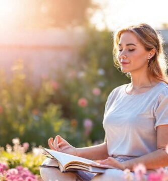 Mujer meditando en un jardín sereno