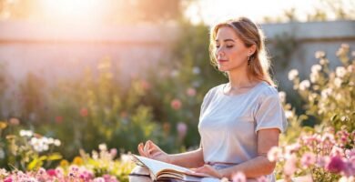 Mujer meditando en un jardín sereno