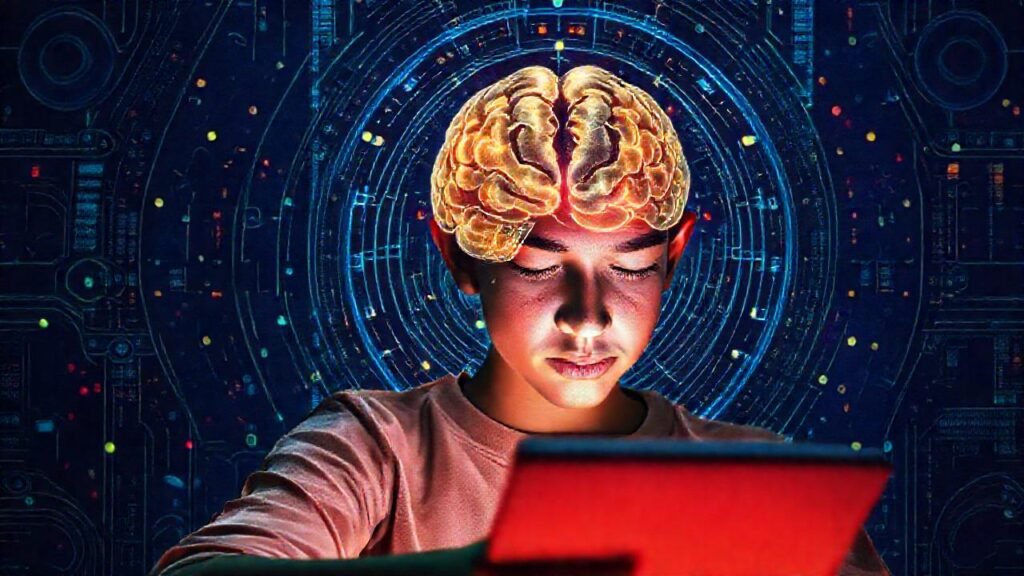 Estudiante concentrado bajo pantalla luminosa