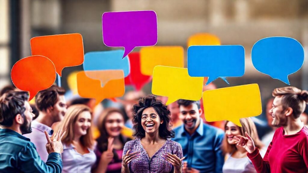 Personas diversas conversan alegremente y vibrantes