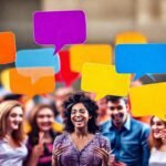 Personas diversas conversan alegremente y vibrantes