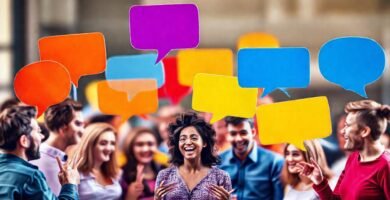 Personas diversas conversan alegremente y vibrantes