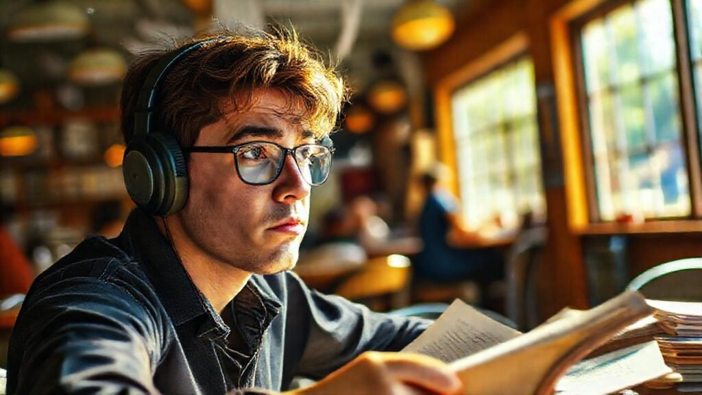 Estudiante angustiado en café caótico