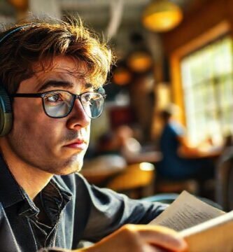 Estudiante angustiado en café caótico
