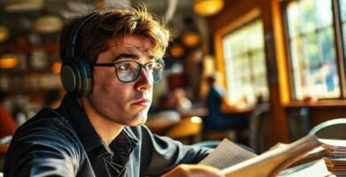 Estudiante angustiado en café caótico
