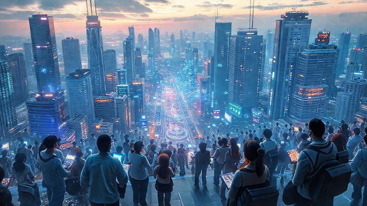 Ciudad futurista con aprendizaje digital brillante