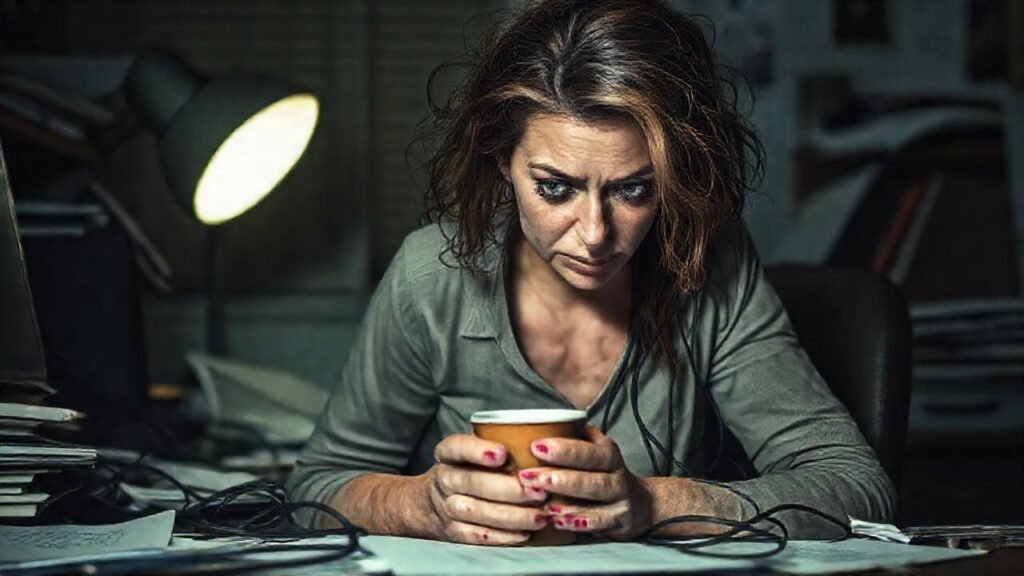 Una mujer angustiada en un entorno caótico