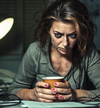 Una mujer angustiada en un entorno caótico