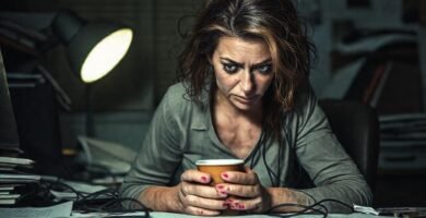 Una mujer angustiada en un entorno caótico