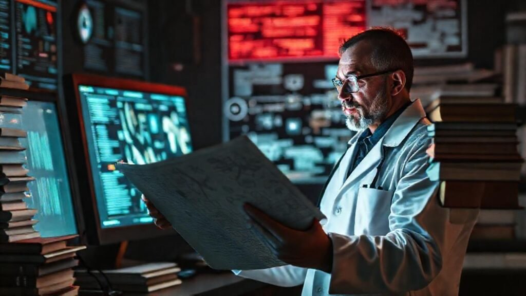 Científico analiza datos complejos en laboratorio