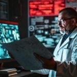 Científico analiza datos complejos en laboratorio