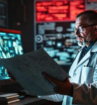 Científico analiza datos complejos en laboratorio