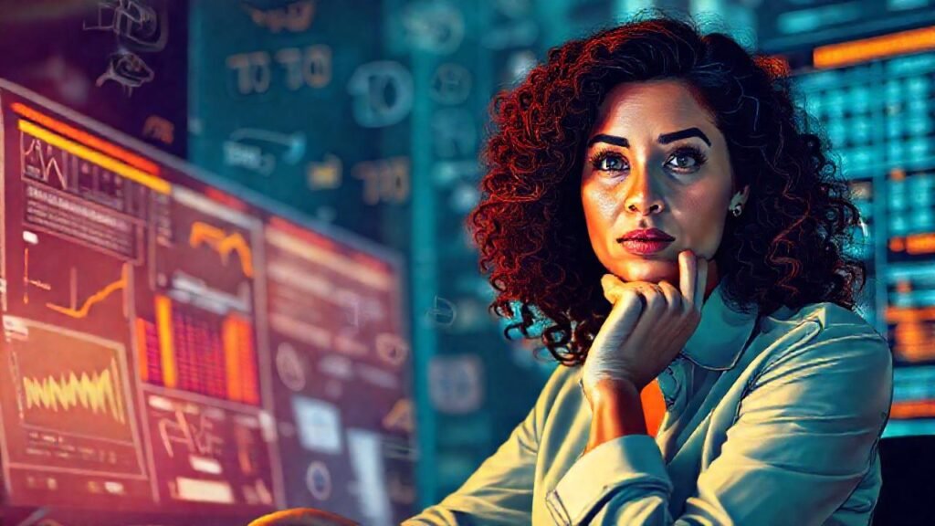 Mujer analizando datos con concentración