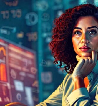 Mujer analizando datos con concentración