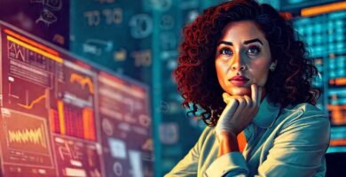 Mujer analizando datos con concentración