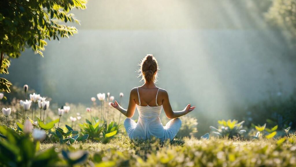 Mujer meditando irradia paz y serenidad