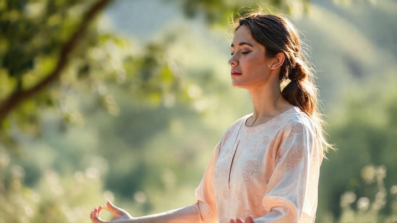 Mujer meditando irradia paz serena