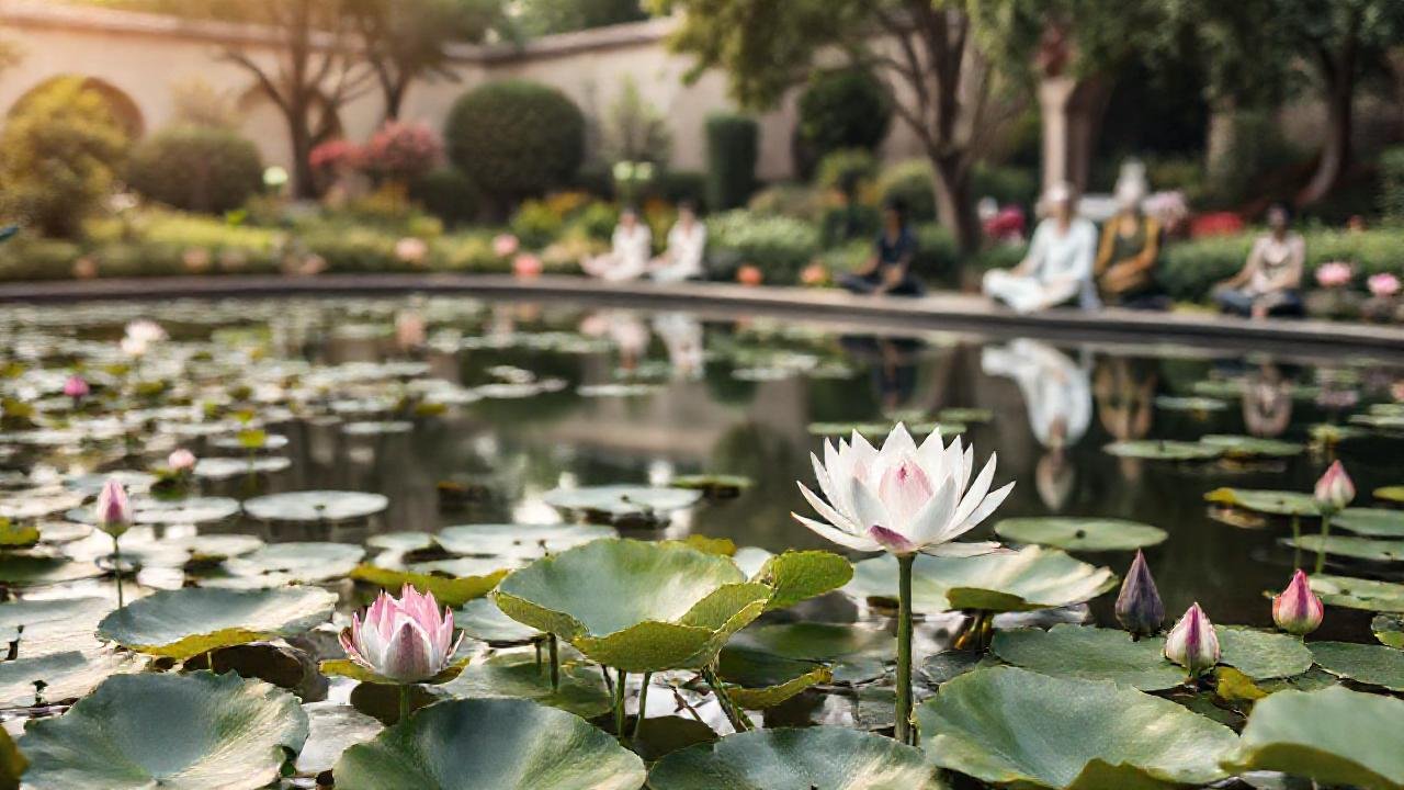 Jardín tranquilo con meditación serena