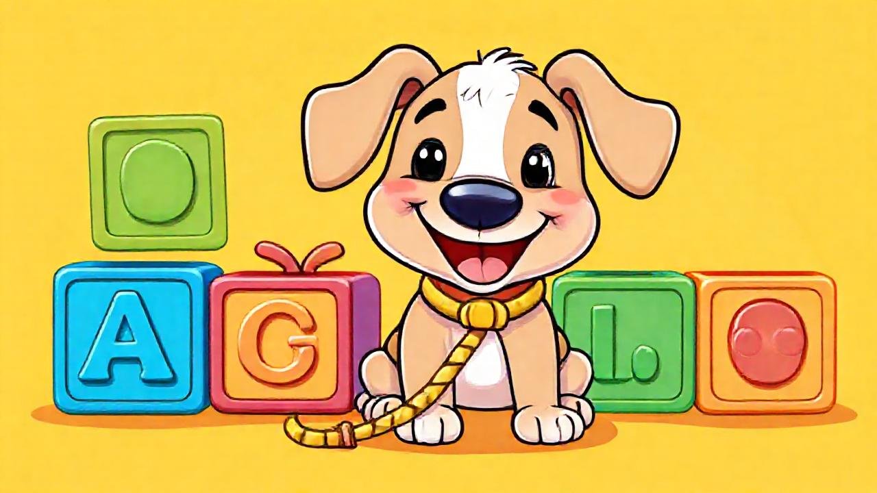 Perro alegre aprende bloques coloridos