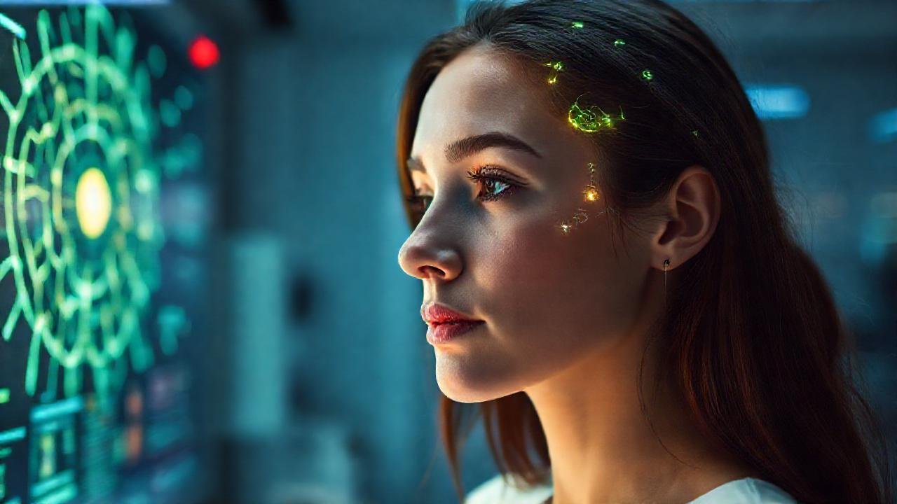 Laboratorio futurista con IA serena