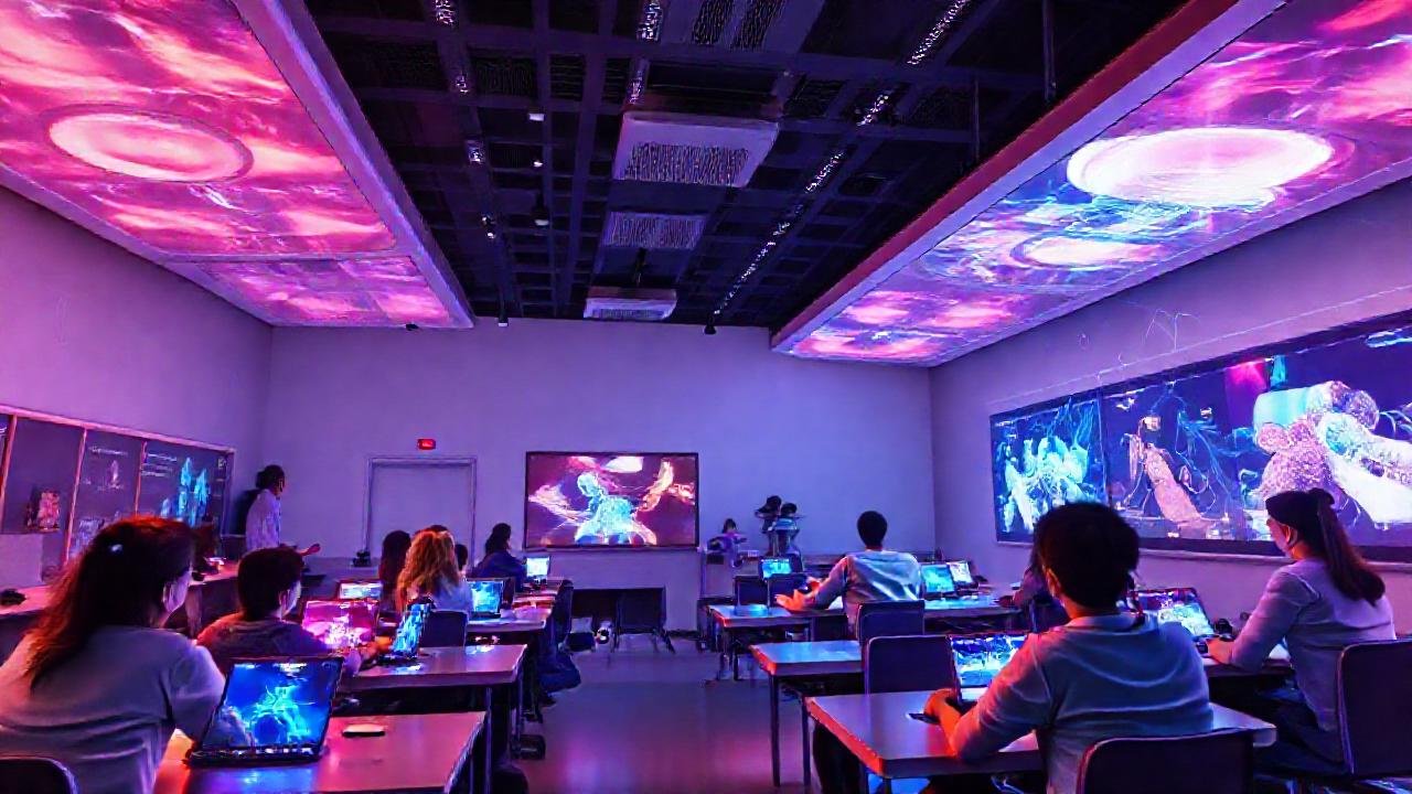 Aula digital, vibrante y futurista