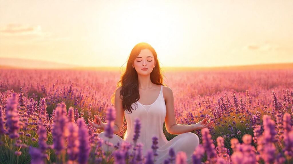 Mujer meditando irradia paz serena