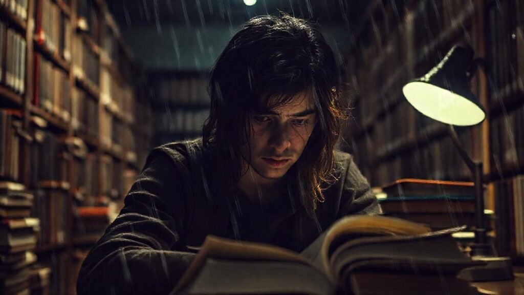 Estudiante agotado en la biblioteca oscura