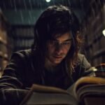 Estudiante agotado en la biblioteca oscura