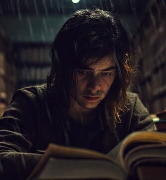 Estudiante agotado en la biblioteca oscura