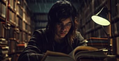 Estudiante agotado en la biblioteca oscura