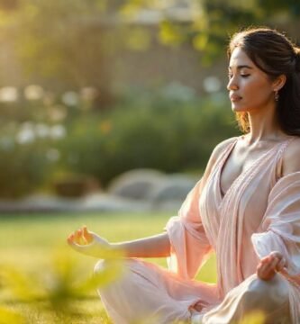 Mujer serena medita en paz