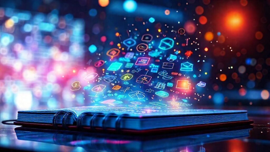 Cuaderno futurista: interfaz holográfica vibrante y creativa