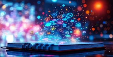 Cuaderno futurista: interfaz holográfica vibrante y creativa