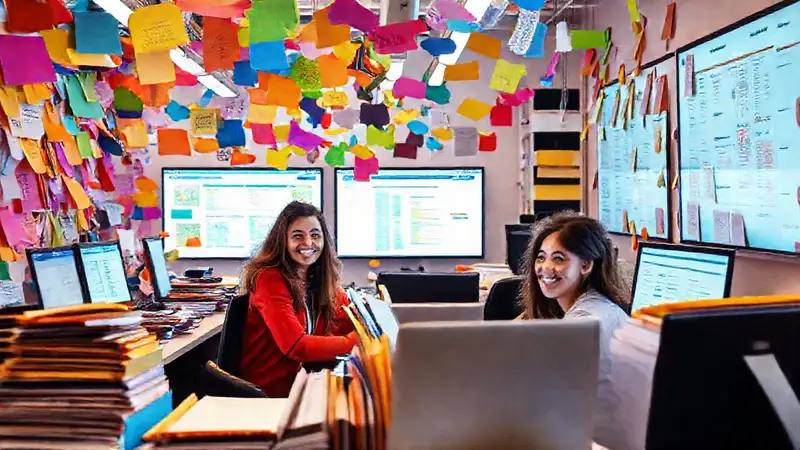 Equipo creativo trabaja con diseño vibrante